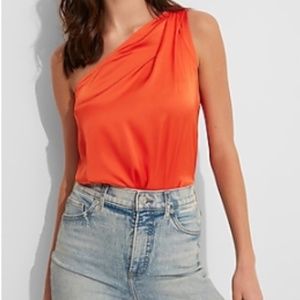 EXPRESS Satin One Shoulder Ruched Thong Bodysuit